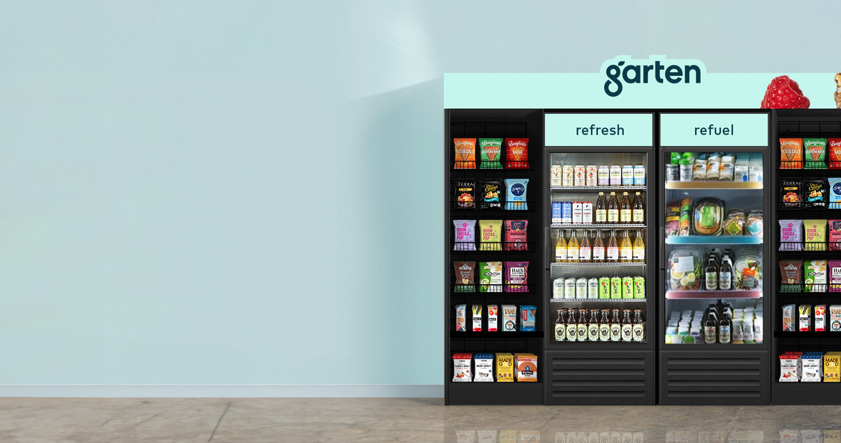 Garten-branded refrigerated market and snack shelves